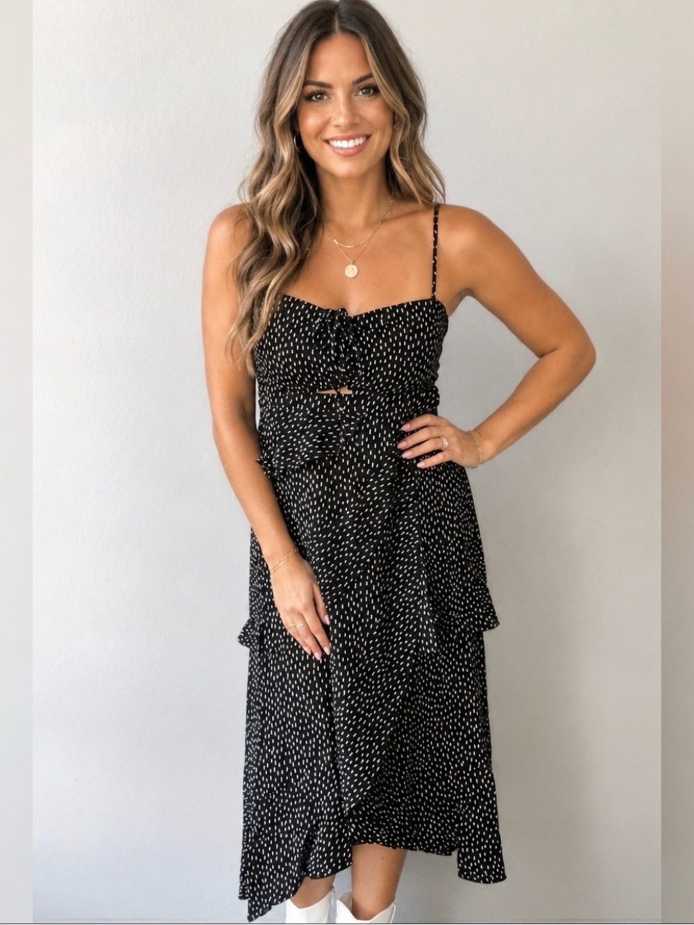 Saltwater Luxe Black White Polka Dot Cutout Ruffle Midi Dress M